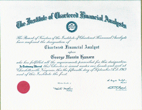 Charter Number One: earned by George M. Hansen, long-time leader of the Financial Analysts' Federation in 1963